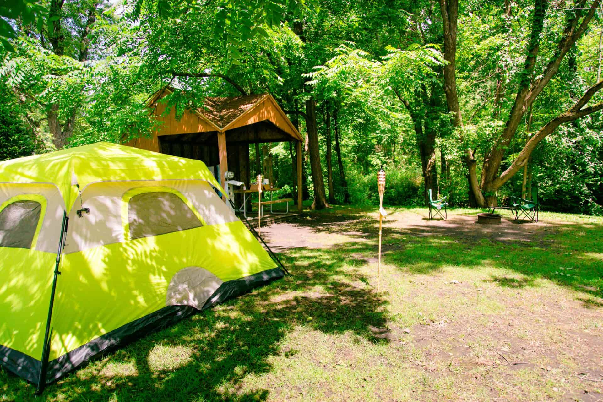 A yellow tent is set up in a wooded area.