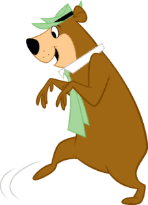 A cartoon bear wearing a green hat and scarf roams through campsites.