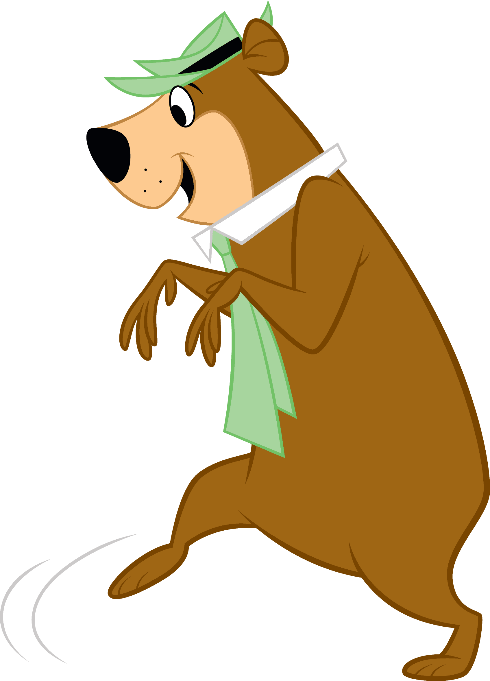 A cartoon bear wearing a green hat and scarf roams through campsites. A cartoon bear wearing a green hat and scarf roams through campsites.