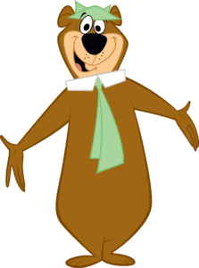 A cartoon bear wearing a green scarf at a campsite.