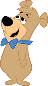 A cartoon bear wearing a bow tie roams through campsites.