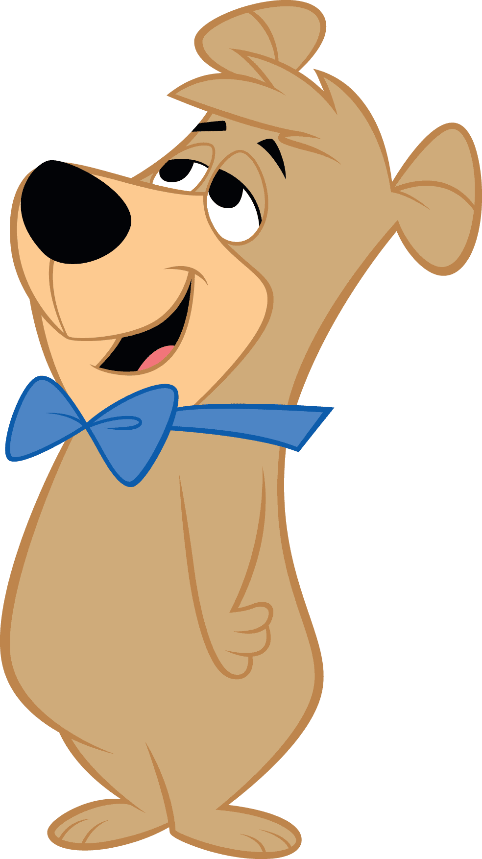 A cartoon bear wearing a bow tie roams through campsites. A cartoon bear wearing a bow tie roams through campsites.