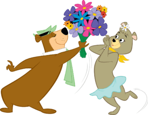 A cartoon bear holding a bouquet of flowers.