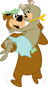 Two cartoon bears hugging each other.