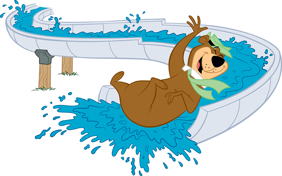 A cartoon bear enjoying a thrilling ride down a water slide at a campsite.