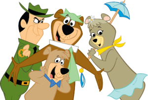 Three cartoon bears holding an umbrella.