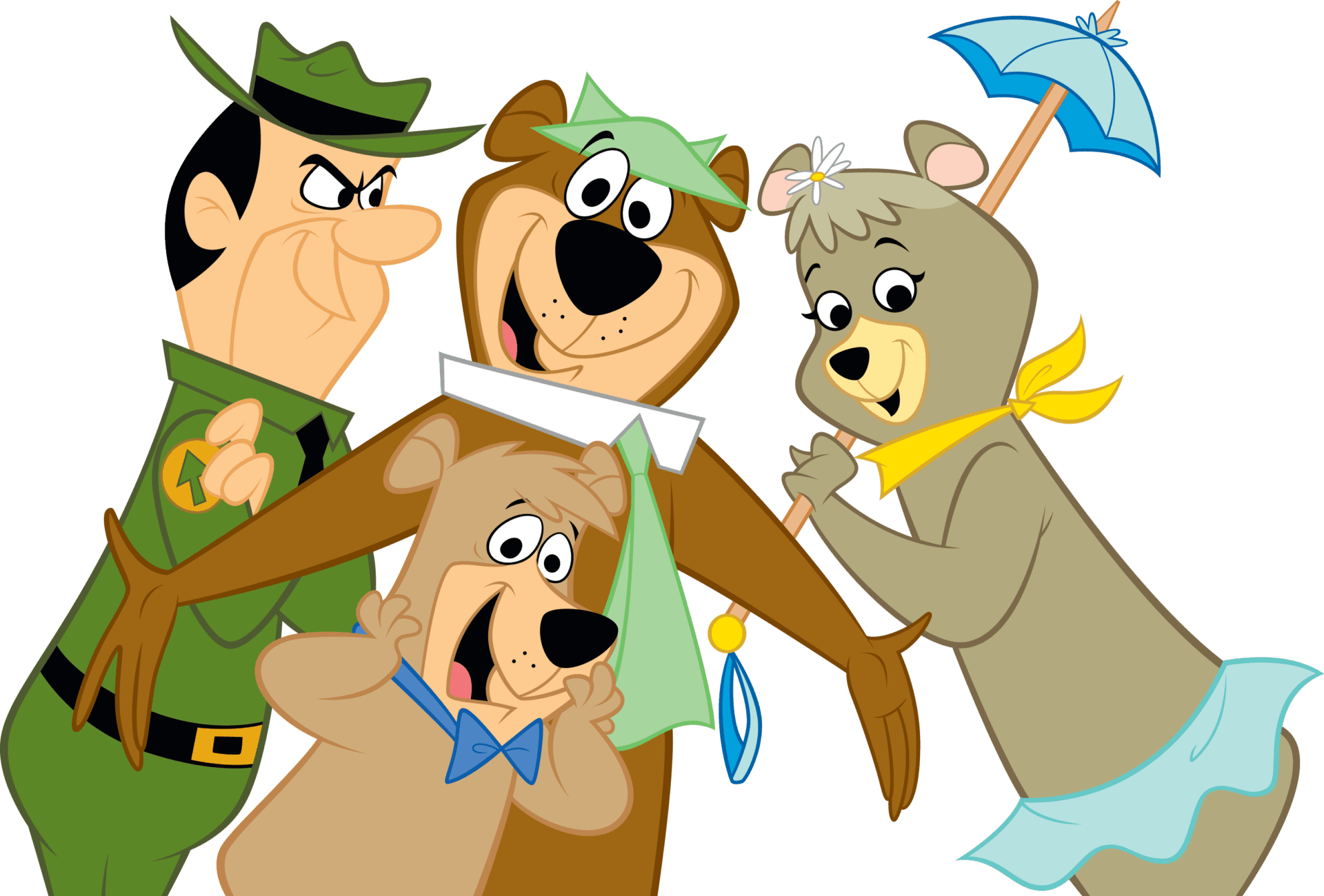 Three cartoon bears holding an umbrella. Three cartoon bears holding an umbrella.