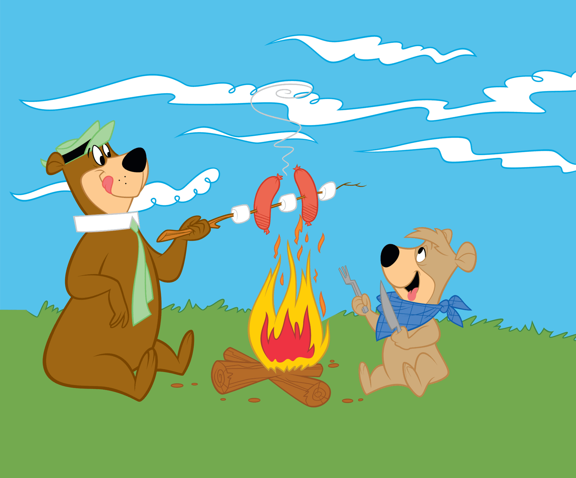 A bear and a teddy bear sitting around a campfire.