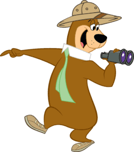 A bear wearing a hat and binoculars exploring campsites.