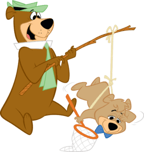 A bear and a dog enjoying an outing with a fishing pole amidst the serene backdrop of nature.