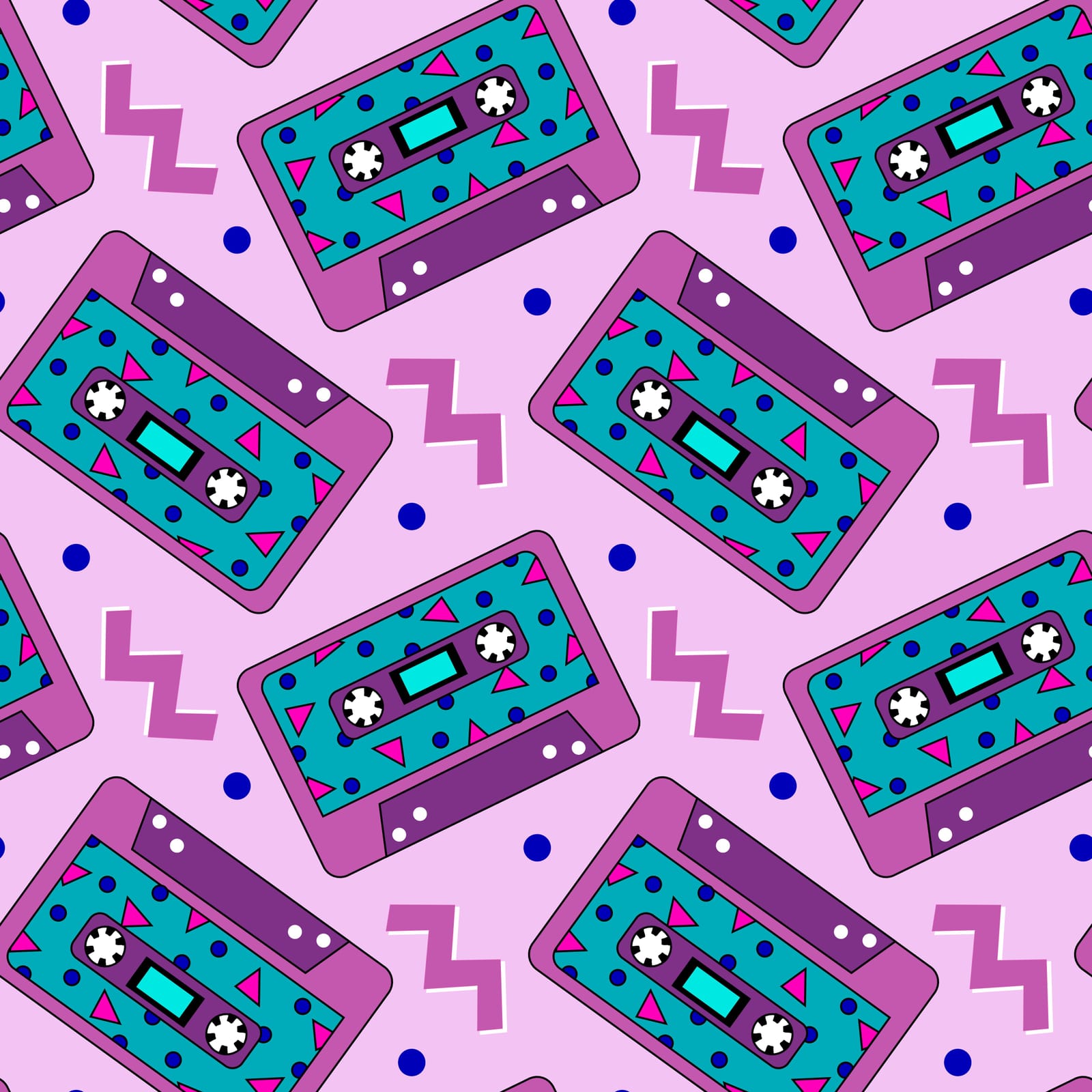 A seamless pattern of cassette tapes on a pink background.