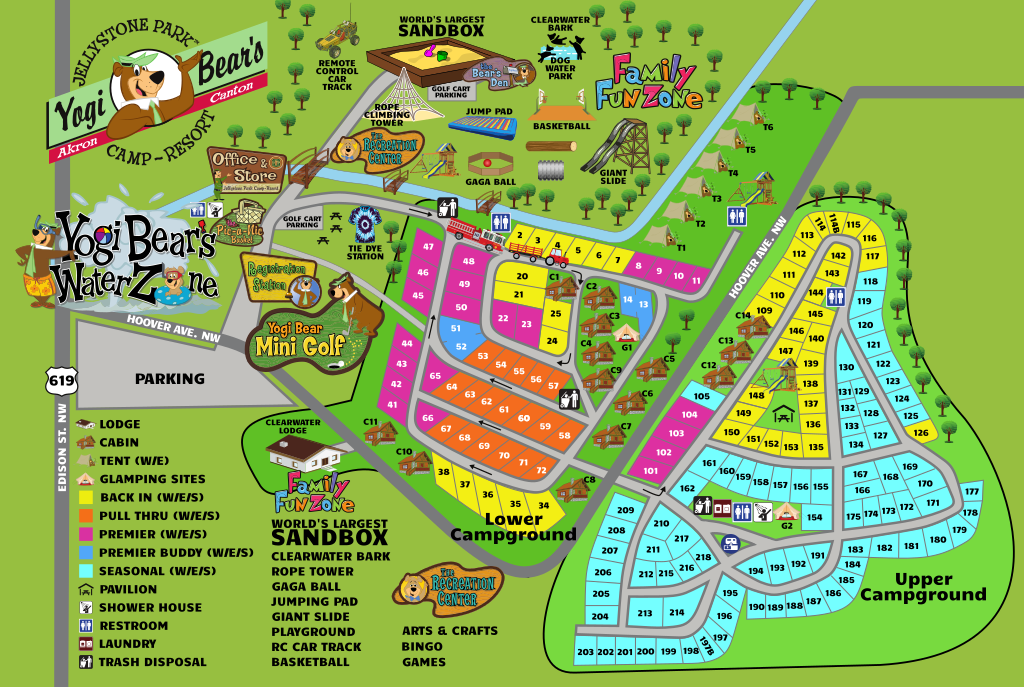 Colorful map of yogi bear's jellystone park camp-resort displaying campsites, amenities, and activity zones such as mini golf and a water playground.