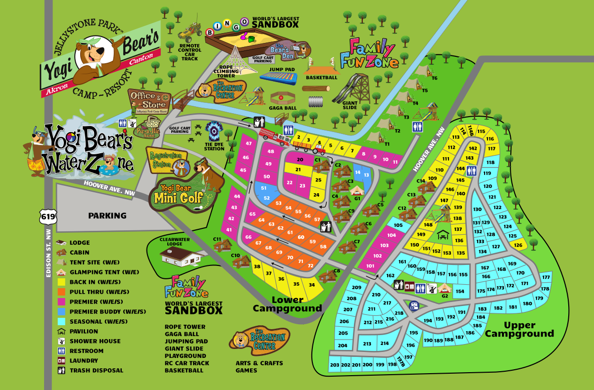 A colorful campground map displays various amenities such as mini golf, a water zone, playgrounds, and different campsites. Paths and locations are clearly marked, showing detailed spaces for activities and lodging.