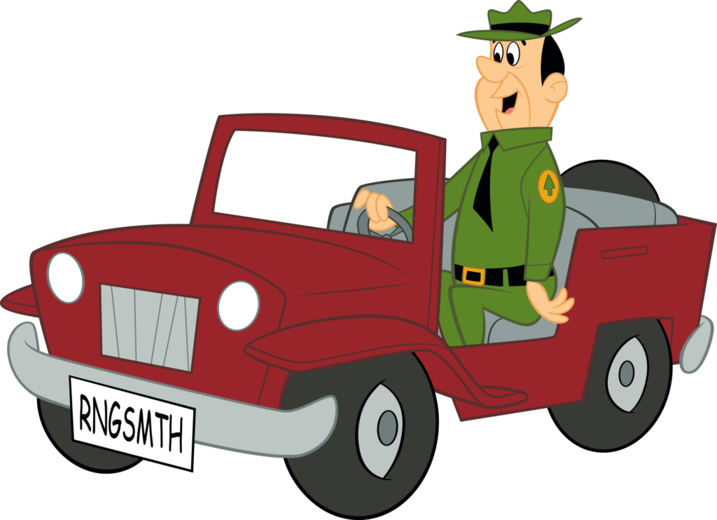 A cartoon ranger in a green uniform navigates the red jeep with the license plate "RNGSMTH," embodying exciting job opportunities as he patrols the vibrant wilderness.