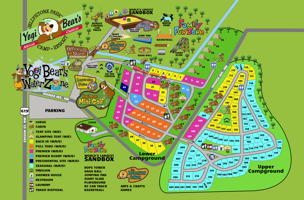 Colorful illustrated map of Yogi Bear’s Jellystone Park showing campgrounds, themed zones, water zone, mini golf, playgrounds, parking, and labeled amenities.