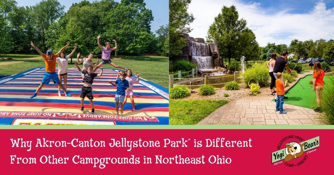 Children and adults are playing on an inflatable pad and walking near a waterfall at a campground, with a banner promoting Akron-Canton Jellystone Park in Northeast Ohio.