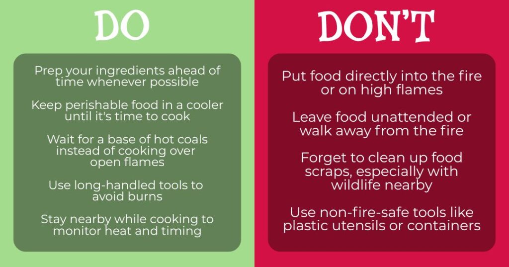 A green and red infographic lists do’s and don’ts for outdoor cooking safety, including preparation tips and fire safety advice.