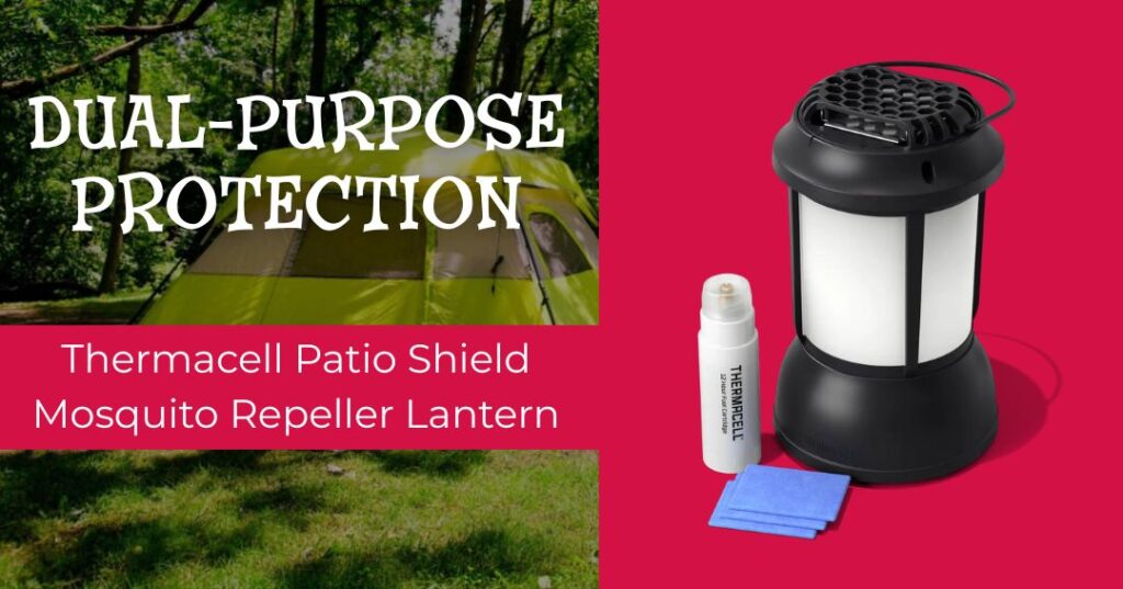 A Thermacell Patio Shield mosquito repeller lantern with refill and cleaning cloth shown next to a tent in a wooded outdoor setting. Text reads: "Dual-Purpose Protection.