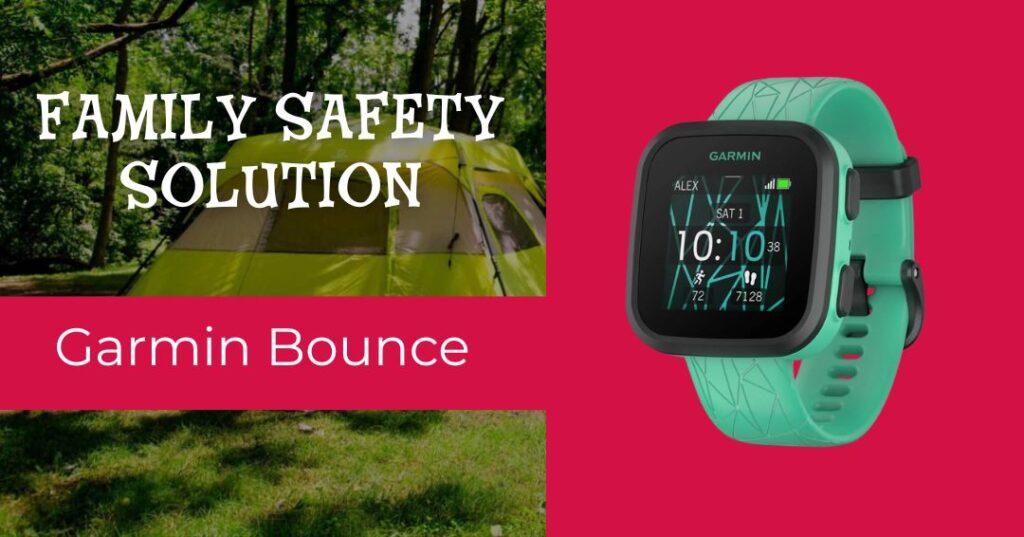 A Garmin Bounce smartwatch is displayed on a red background next to a tent in the woods, with the text "Family Safety Solution.