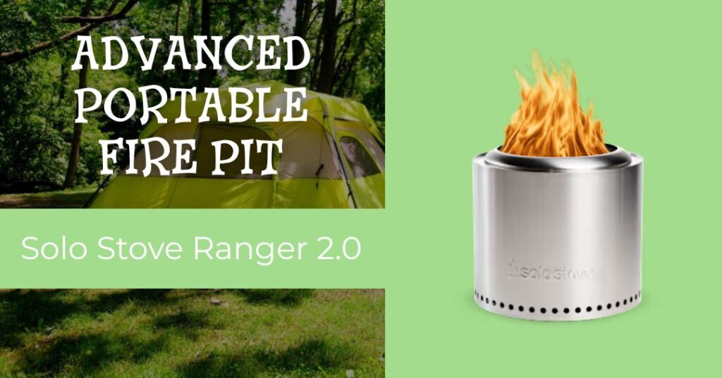 A metal Solo Stove Ranger 2.0 fire pit with flames, shown next to a tent in a wooded campsite, with the text "Advanced Portable Fire Pit.