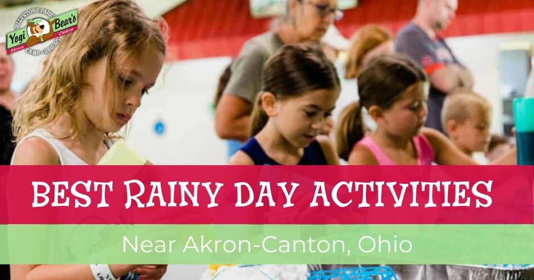 Several children participate in indoor crafts at a community center. Text overlay reads: "Best Rainy Day Activities Near Akron-Canton, Ohio.
