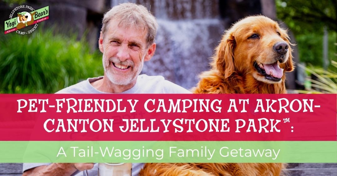 An older man sits next to a golden retriever in front of a fountain, promoting pet-friendly camping at Akron-Canton Jellystone Park.