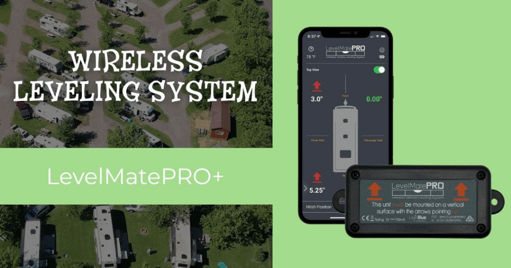 A promotional image for LevelMatePRO+, a wireless leveling system for RVs, showing the device, mobile app interface, and an aerial view of RVs in a campground.