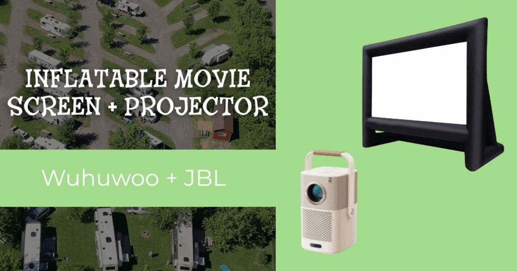 An inflatable movie screen, a portable projector, and the text "INFLATABLE MOVIE SCREEN + PROJECTOR Wuhuwoo + JBL" over an aerial view of an RV park.