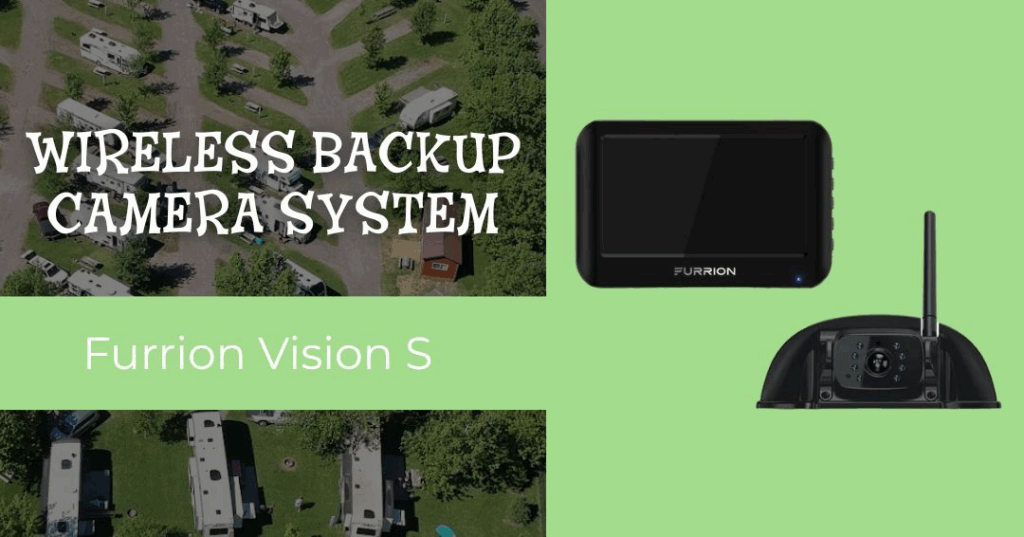 A promotional image for the Furrion Vision S wireless backup camera system, showing the camera, monitor, and an aerial view of RVs.