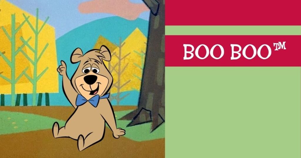 Cartoon bear wearing a blue bow tie sits on the ground in a forested area; text on the right reads "BOO BOO™" against red and green background.