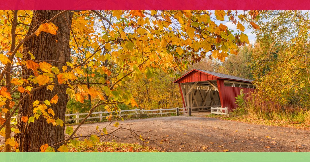 A red covered bridge surrounded by autumn trees with yellow leaves, a dirt path, and a white wooden fence.