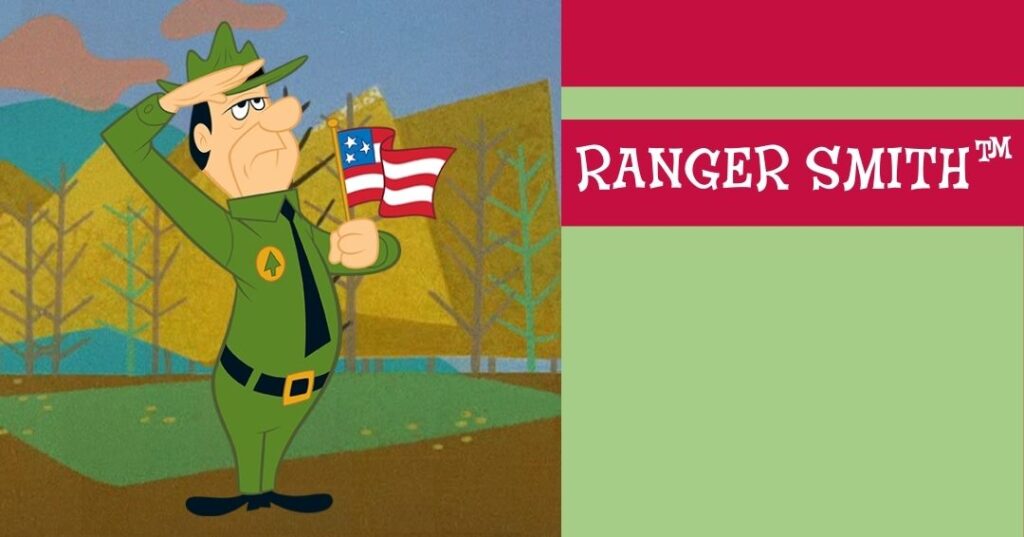 Cartoon park ranger in green uniform salutes while holding a small American flag; background shows trees and hills. Text "Ranger Smith™" is displayed on the right.
