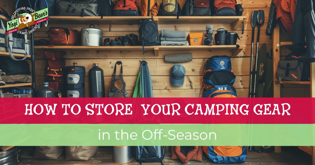 A neatly organized storage area with shelves holding various camping gear, including backpacks, sleeping bags, and cooking equipment. Text: "How to Store Your Camping Gear in the Off-Season.