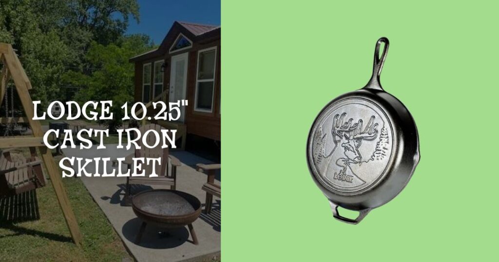 A Lodge 10.25-inch cast iron skillet with a deer design on the bottom is shown next to outdoor patio furniture and a fire pit.
