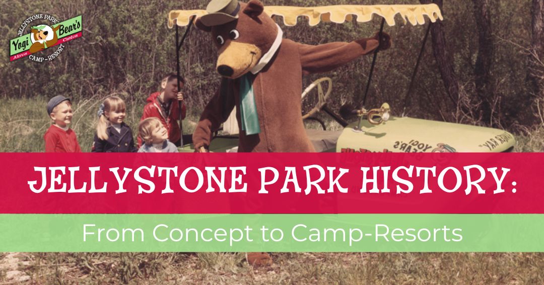 A person in a Yogi Bear costume greets children near a green vehicle at Jellystone Park, with text about the park's history and logo in the top left corner.