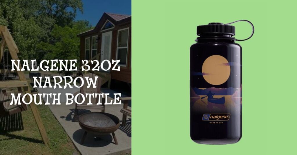 A Nalgene 32oz narrow mouth bottle with a moon and canoe design is displayed on a green background next to outdoor furniture and a fire pit.