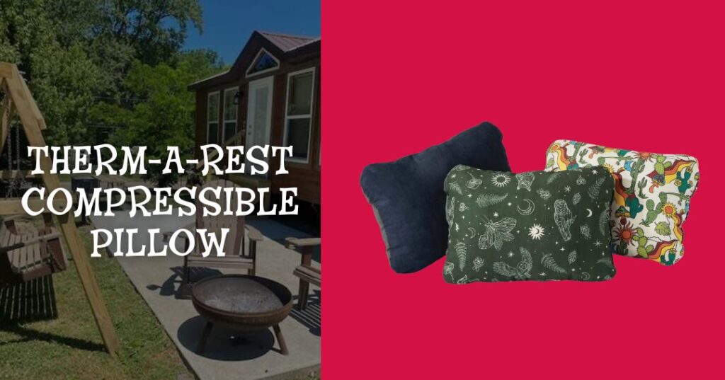 Three patterned Therm-a-Rest compressible pillows are displayed on a solid red background beside outdoor camping gear and a cabin.