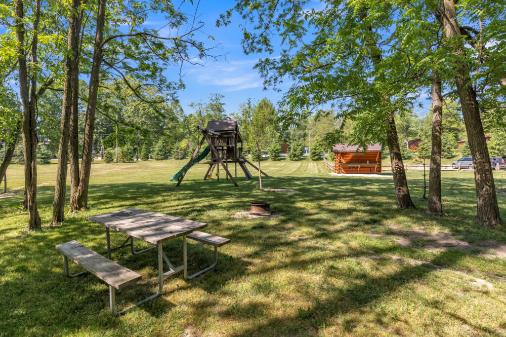 A grassy park with a picnic table, a fire pit, a wooden playground set with a slide, and a cabin in the background, surrounded by trees under a clear sky.