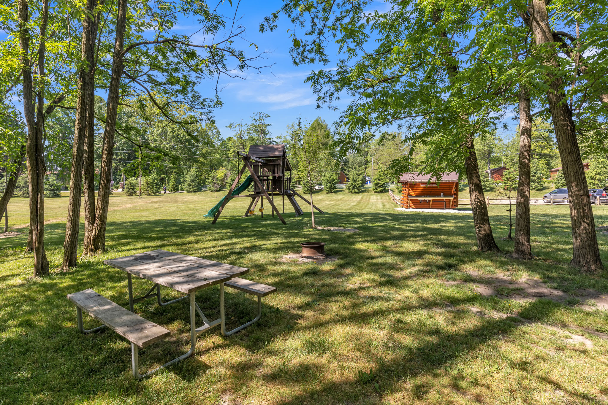 A grassy park with a picnic table, a fire pit, a wooden playground set with a slide, and a cabin in the background, surrounded by trees under a clear sky.