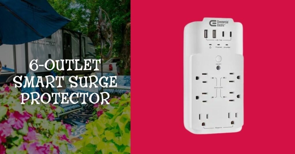 A white 6-outlet smart surge protector with USB ports is shown on a red background next to text that reads, “6-Outlet Smart Surge Protector.”.