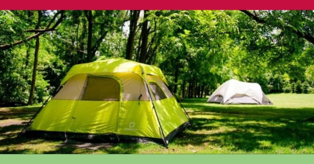 Two tents are set up on a grassy area under trees in a park or campsite, with sunlight filtering through the leaves.