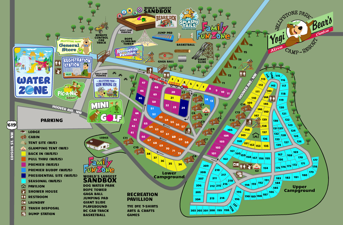 Illustrated campground map showing cabins, campsites, amenities like mini golf, water zone, playgrounds, recreation pavilion, parking, and labeled activity areas at Yogi Bear's Jellystone Park.