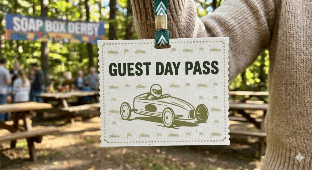 A person holds a "Guest Day Pass" badge with a soapbox car illustration at an outdoor event with a "Soap Box Derby" banner and picnic tables in the background.