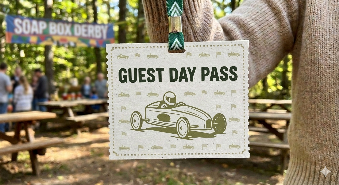 A person holds a "Guest Day Pass" badge with a soapbox car illustration at an outdoor event with a "Soap Box Derby" banner and picnic tables in the background.