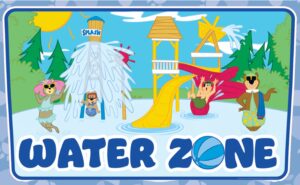 Cartoon bears play in a water park area with a splash bucket, water slide, and sprinkler on a sunny day. The words "WATER ZONE" appear at the bottom.