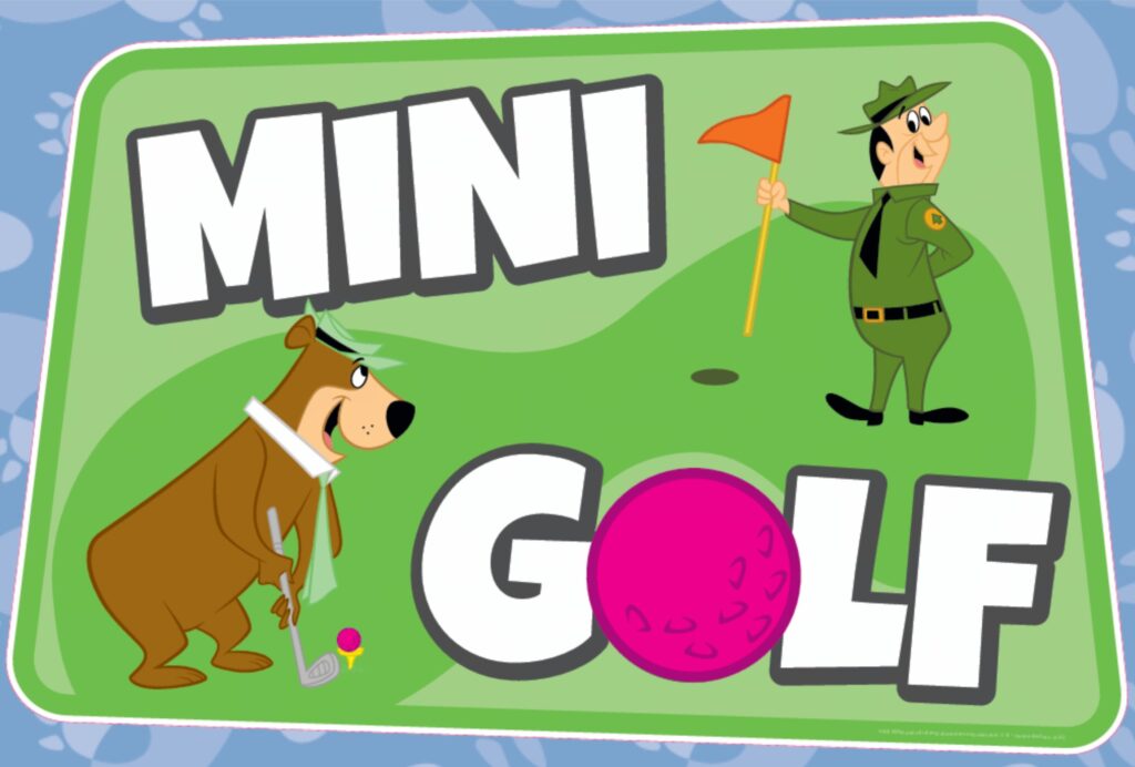Cartoon image of a bear holding a golf club and a park ranger holding a flag, with the words "MINI GOLF" and a pink golf ball replacing the letter "O.