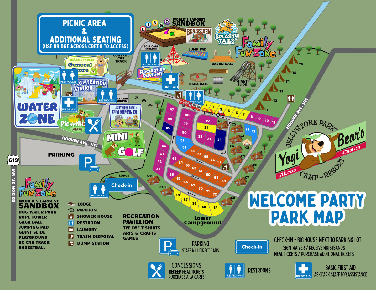 Colorful illustrated map of Yogi Bear’s Jellystone Park showing cabins, campsites, water zone, miniature golf, playgrounds, picnic areas, and labeled facilities with walking paths and parking lots.
